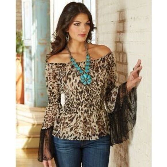 Marrika Nakk Silk Chiffon Leopard Peasant Top and Tiered Skirt Set Brown, Size S - Picture 7 of 12